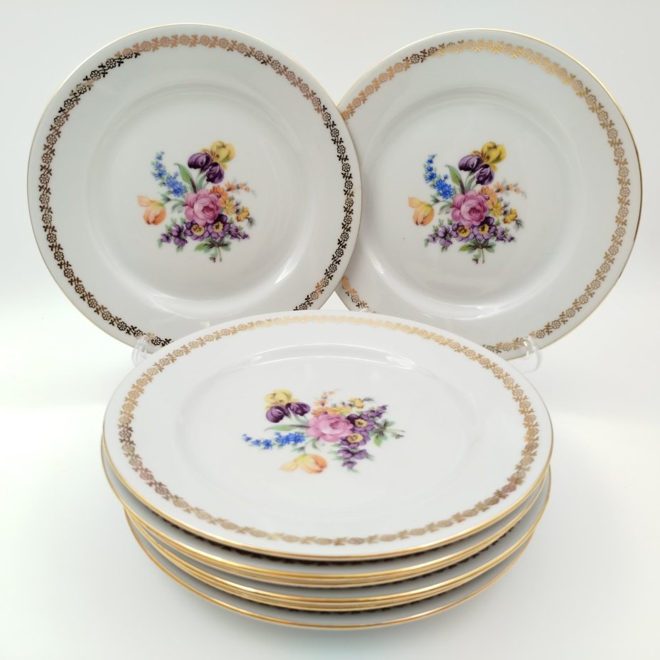 Набор десертных тарелок "Мейсенский букет" на 8 персон, фарфор, деколь, золочение, Moritz Zdekauer (MZ), Чехословакия, 1970-1980 гг.