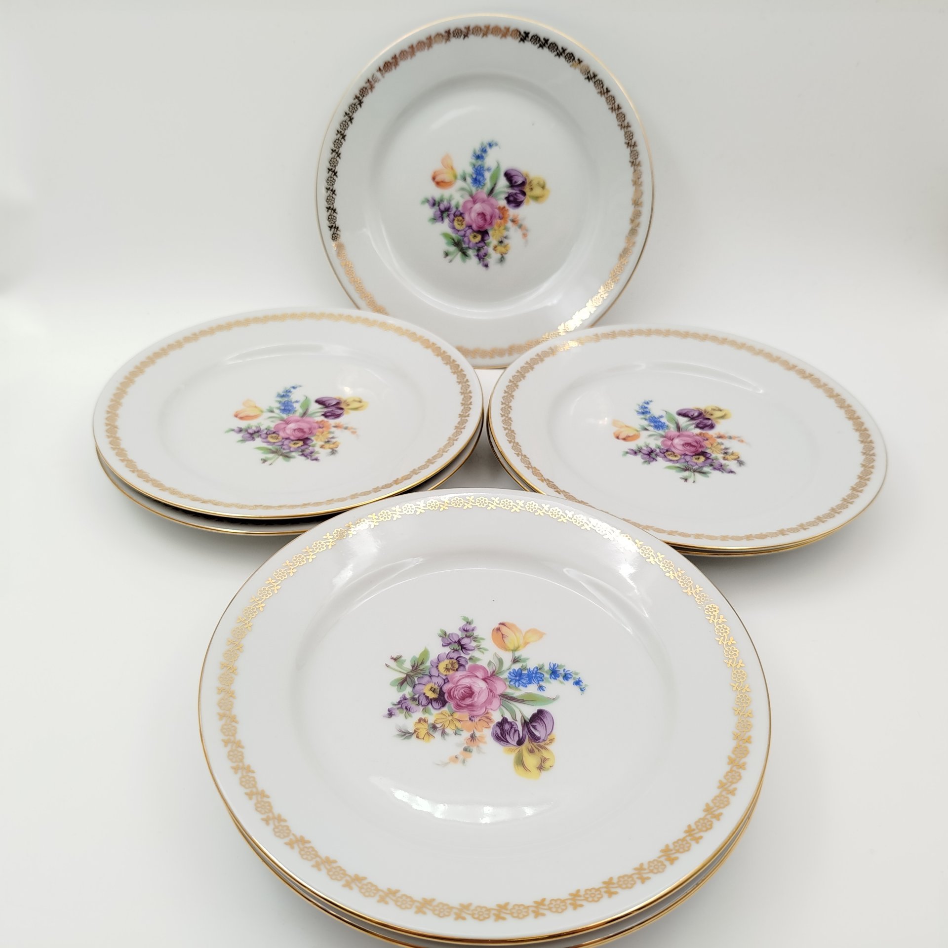 Набор десертных тарелок "Мейсенский букет" на 8 персон, фарфор, деколь, золочение, Moritz Zdekauer (MZ), Чехословакия, 1970-1980 гг.