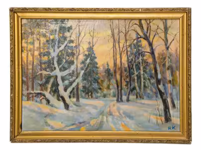 Картина "Зимний пейзаж", холст, масло, подрамник, рама, художник Косолапов Николай Александрович (1899-1974), г. Ижевск, СССР, 1953 г.