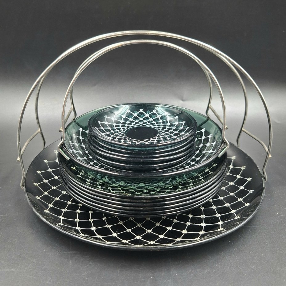 Набор для подачи десерта на 6 персон (блюдо, глубокая тарелочка, 6 блюдец, 6 розеток), стекло, печать, металл, Россия, 1990-2000 гг.