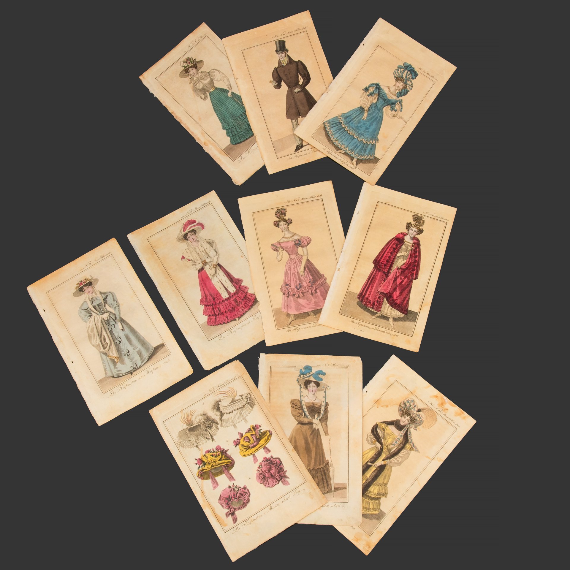 Набор из десяти иллюстраций к "Дамскому журналу", издававшемуся П.И. Шаликовым, с оттисками штампов библиотеки "ВСЕКОХУДОЖНИК", бумага, печать (гравюра), акварель, Российская империя, 1826-1828 гг.