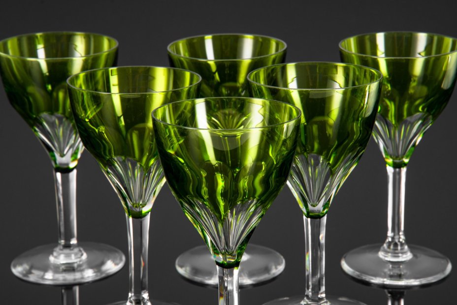 Набор бокалов для вина и крепких напитков, на 6 персон, хрусталь, нацвет, гранение, Val Saint Lambert, Val Saint Lambert