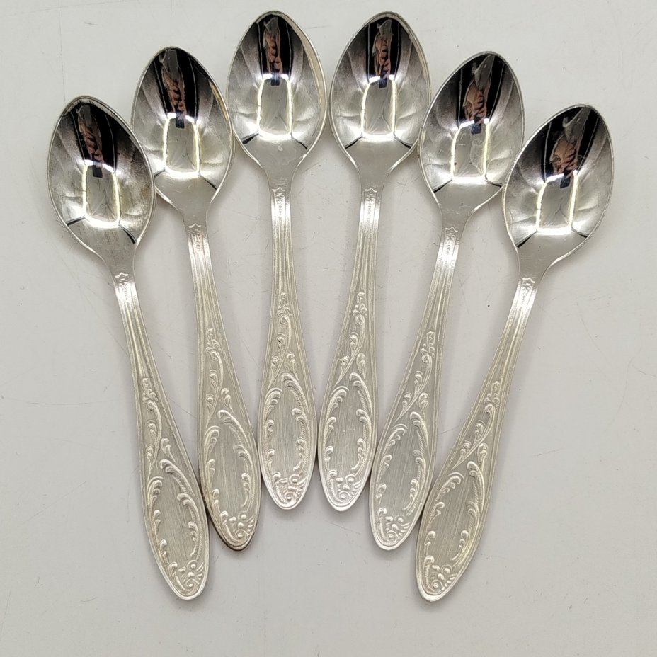 Набор из 6-ти кофейных ложек "Пламя", мНЦ (медь-никель-цинк), пластик, Кольчугинский завод цветных металлов, СССР, 1970-1990 гг.