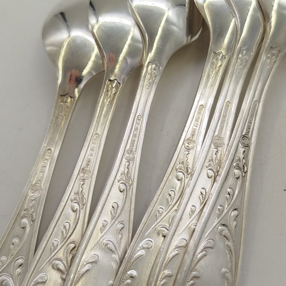 Набор из 6-ти кофейных ложек "Пламя", мНЦ (медь-никель-цинк), пластик, Кольчугинский завод цветных металлов, СССР, 1970-1990 гг.