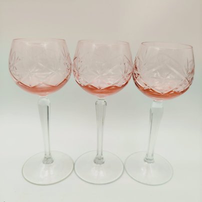 Набор из 3 бокалов розового цвета со звездчатым декором, хрусталь, алмазная грань, Германия, 1960-1990 гг.