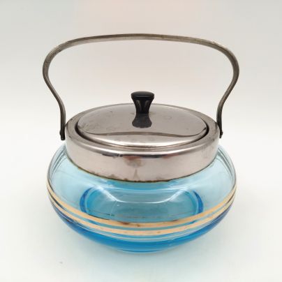 Сахарница с ручкой, декорированная линиями, стекло, металл, золочение, СССР, 1970-1990 гг.