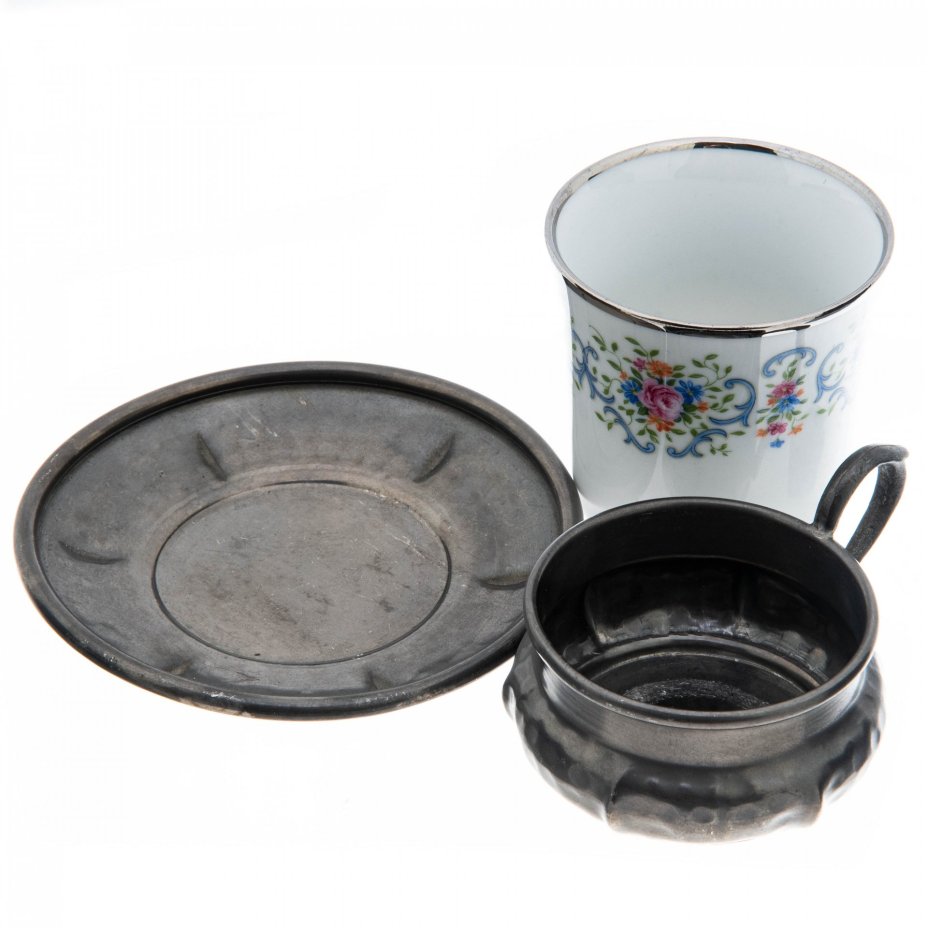 Кофейная пара с подстаканником, фарфор, олово, фирма "Bareuther Bavaria", Германия, 1970-1993 гг., Bareuther & Co.