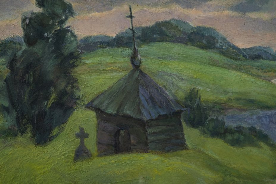 Картина "Летний пейзаж с часовней" в раме, неизвестный художник, картон, масло