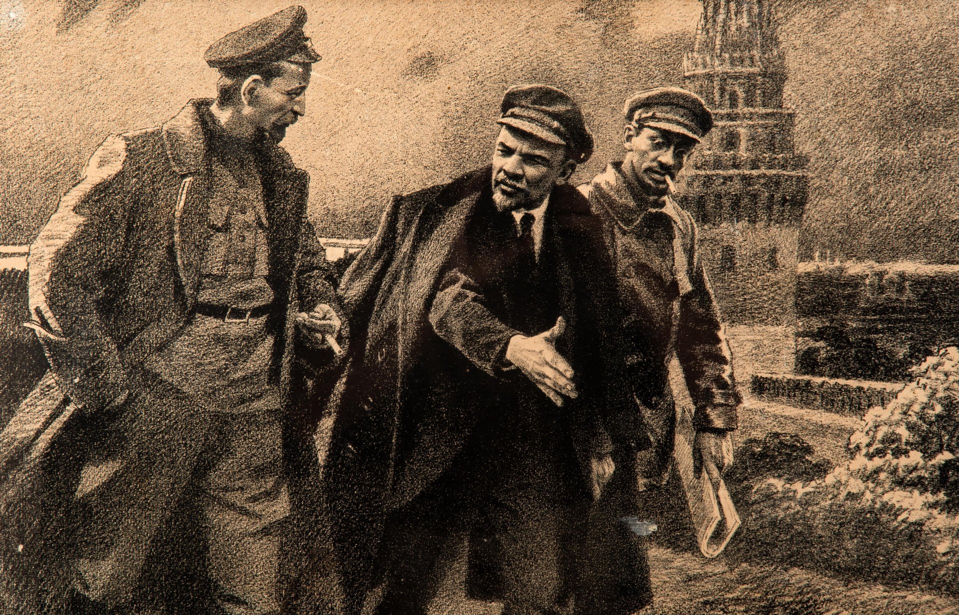 Автолитография "Вожди Октября" в раме, худ. Бондар С.М., картон, печать, дерево, стекло, Издательство «Комбинат графического искусства», СССР, 1980 г.