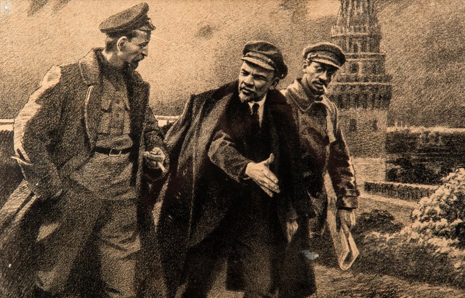 Автолитография "Вожди Октября" в раме, худ. Бондар С.М., картон, печать, дерево, стекло, Издательство «Комбинат графического искусства», СССР, 1980 г.