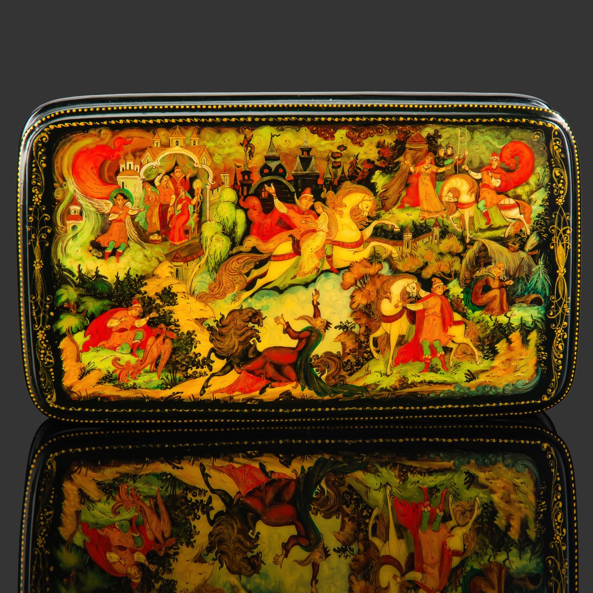 Шкатулка (лаковая миниатюра) "Марья-Маревна", автор Л. Бронницкая, папье-маше, лак, роспись, Палех, Россия, 1980-2000 гг.