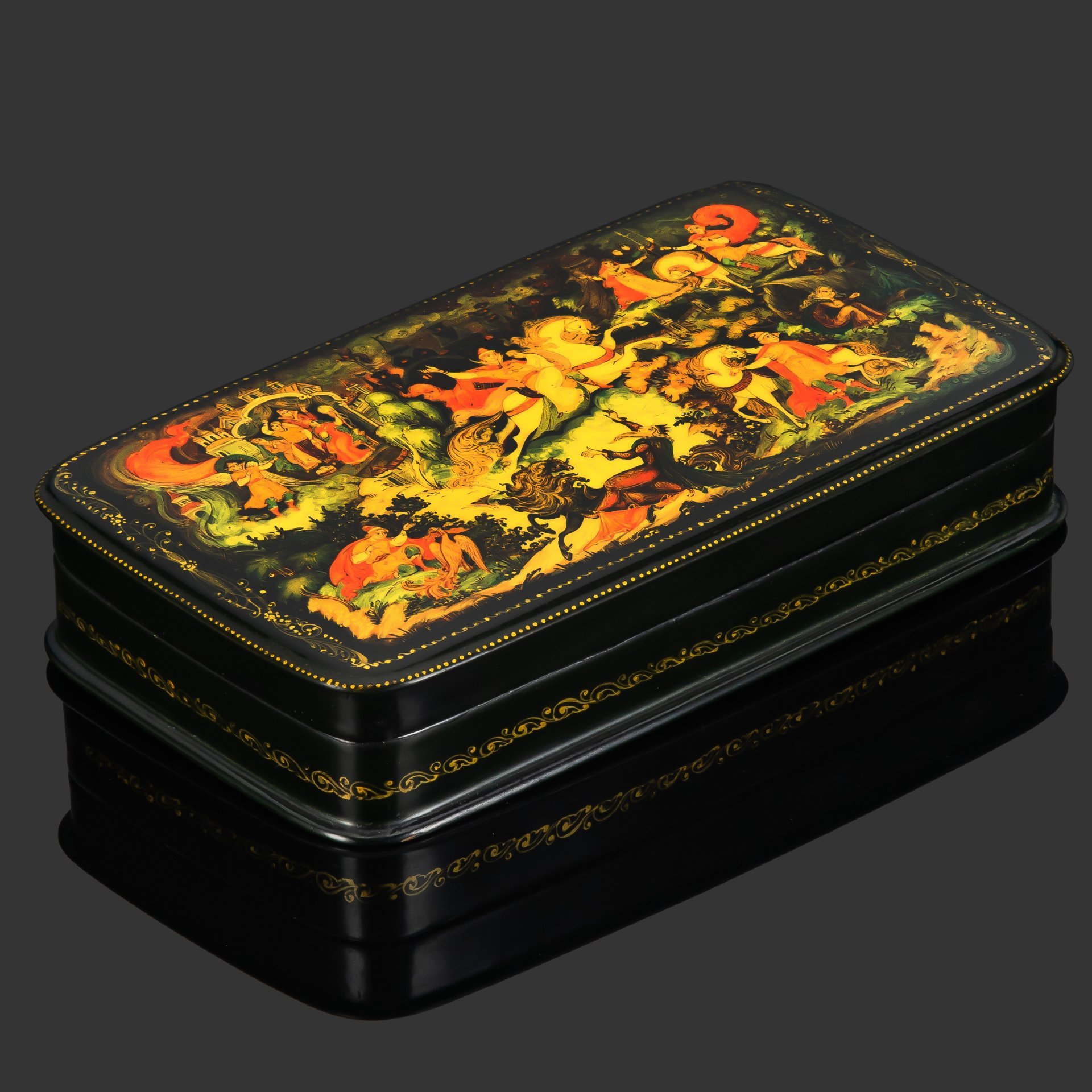 Шкатулка (лаковая миниатюра) "Марья-Маревна", автор Л. Бронницкая, папье-маше, лак, роспись, Палех, Россия, 1980-2000 гг.