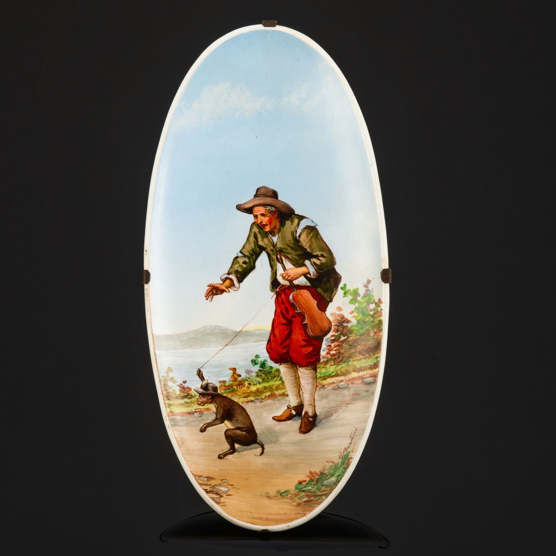 Панно настенное "Скрипач с обезьянкой на поводке" ("Музыкант"), художник Giuseppe Bertini (1825-1898 гг.), Società Ceramica Richard, фаянс, роспись, металл, Италия, 1870-1896 гг.