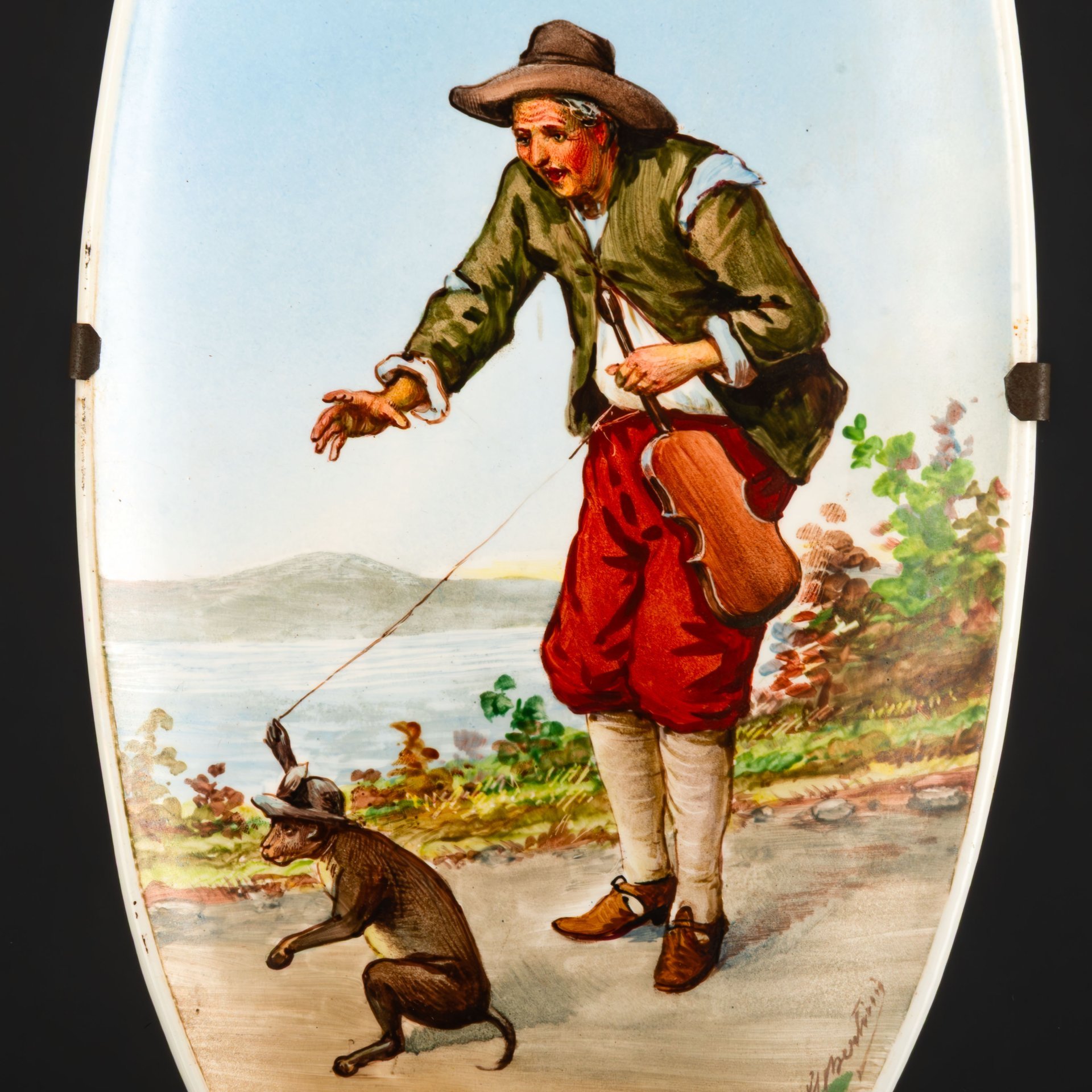 Панно настенное "Скрипач с обезьянкой на поводке" ("Музыкант"), художник Giuseppe Bertini (1825-1898 гг.), Società Ceramica Richard, фаянс, роспись, металл, Италия, 1870-1896 гг.