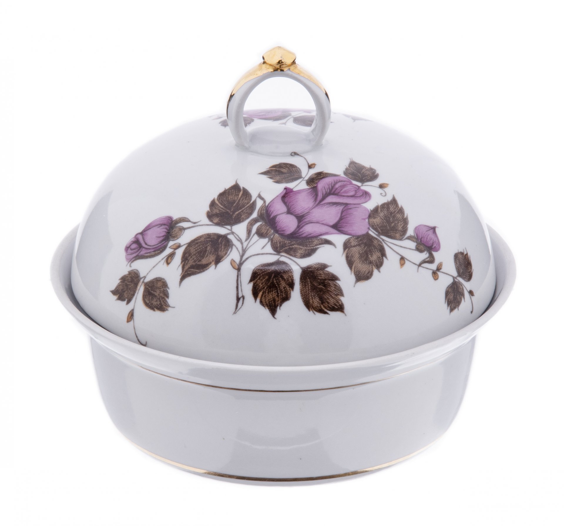 Масленка с цветочным декором, фарфор, деколь, золочение, Коростенский фарфоровый завод, СССР, 1962-1990 гг., Коростенский фарфоровый завод (КФЗ)