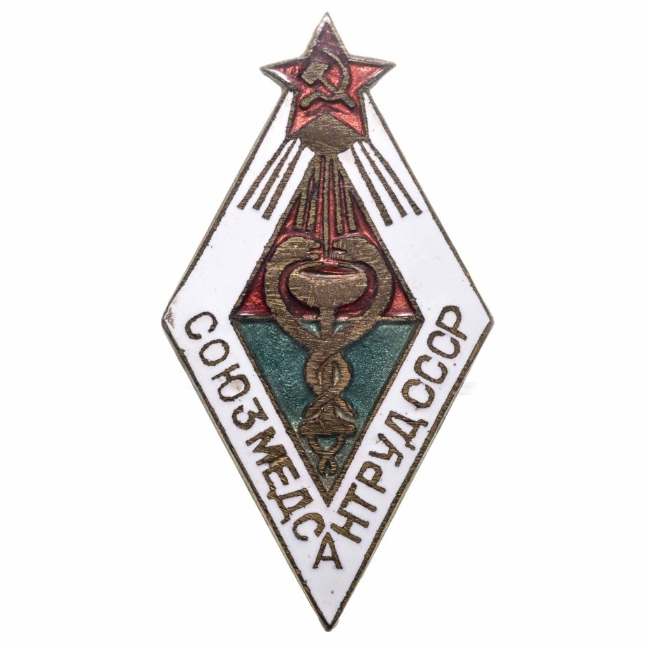Нагрудный знак "Союзмедсантруд СССР", латунь, эмаль, винт, СССР, 1930-е гг.