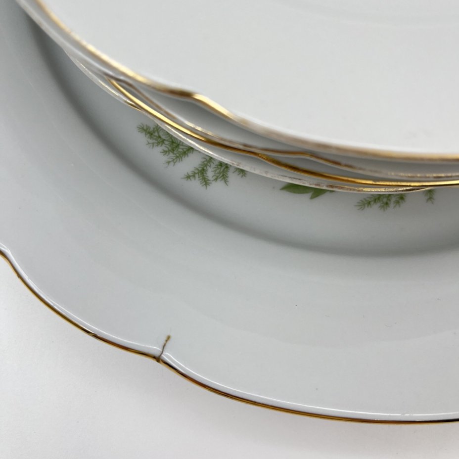 Набор обеденных тарелок с блюдом "Желтая роза" на 4 персоны, фарфор, деколь, золочение, Kahla, ГДР, 1970-1980 гг.