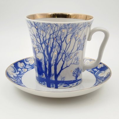 Пара кофейная "У ручья" (форма "Витая"), фарфор, деколь, Ленинградский фарфоровый завод (ЛФЗ), Россия, 1989-2001 гг.