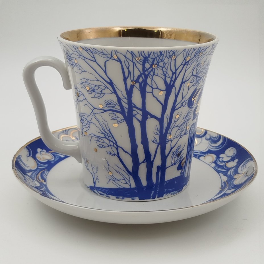 Пара кофейная "У ручья" (форма "Витая"), фарфор, деколь, Ленинградский фарфоровый завод (ЛФЗ), Россия, 1989-2001 гг.