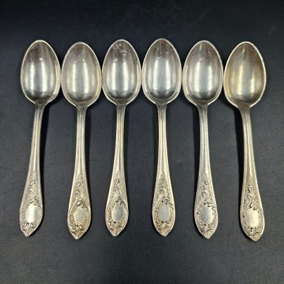 Набор из шести чайных ложек с растительным декором, мНЦ (медь-никель-цинк), Вольнянский завод столовых приборов им. Шевченко (ЗiШ, ЗиШ), СССР, 1960-1990 гг.