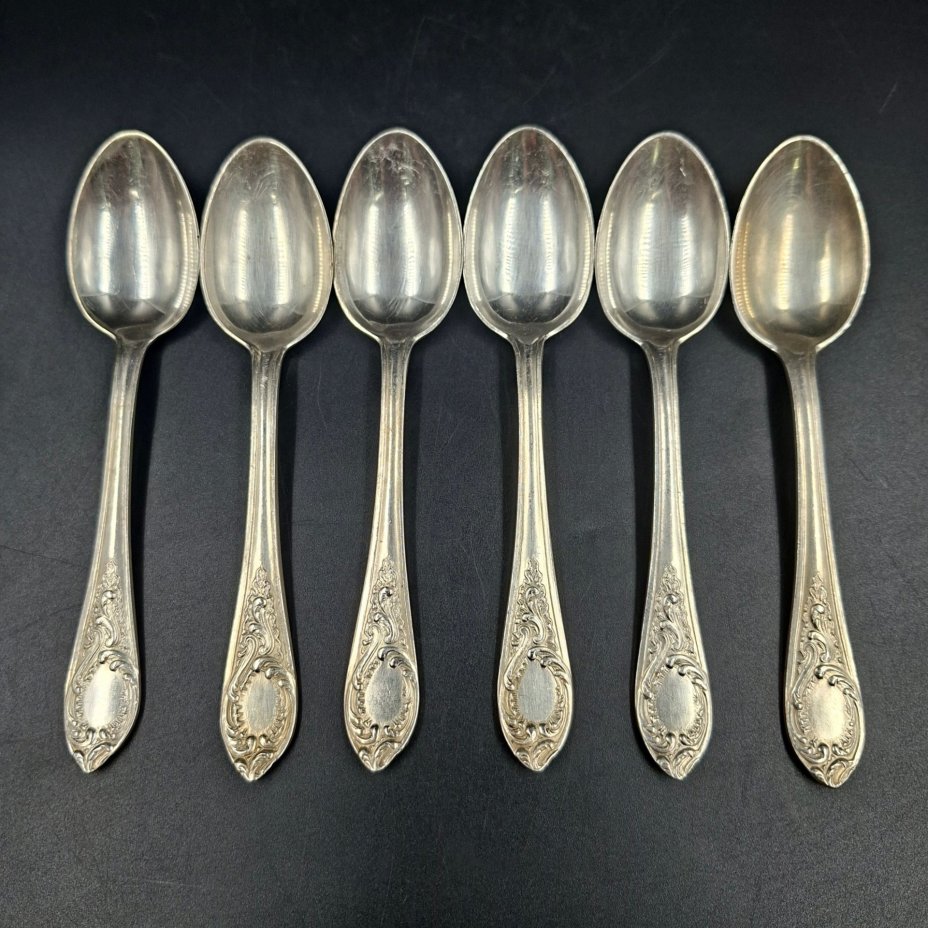 Набор из шести чайных ложек с растительным декором, мНЦ (медь-никель-цинк), Вольнянский завод столовых приборов им. Шевченко (ЗiШ, ЗиШ), СССР, 1960-1990 гг.