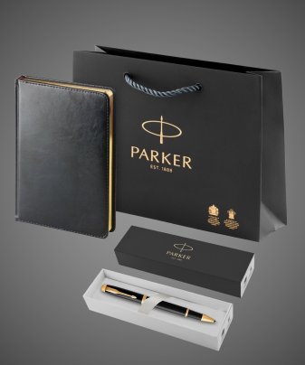 Подарочный набор: Ежедневник и Ручка-роллер Parker IM, цвет: Black GT, Лаки и смолы: лак, латунь
