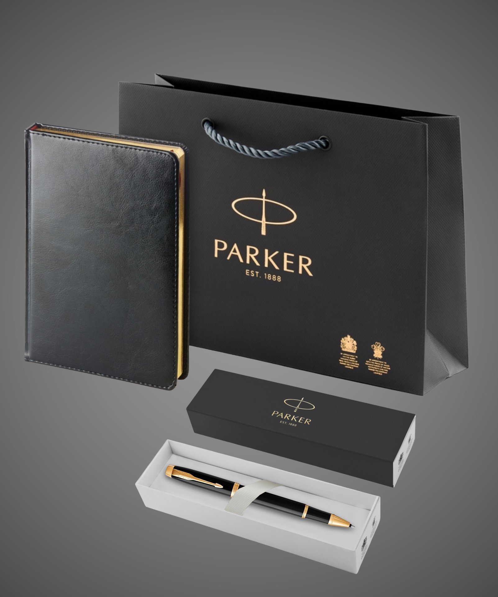 Подарочный набор: Ежедневник и Ручка-роллер Parker IM, цвет: Black GT, Лаки и смолы: лак, латунь