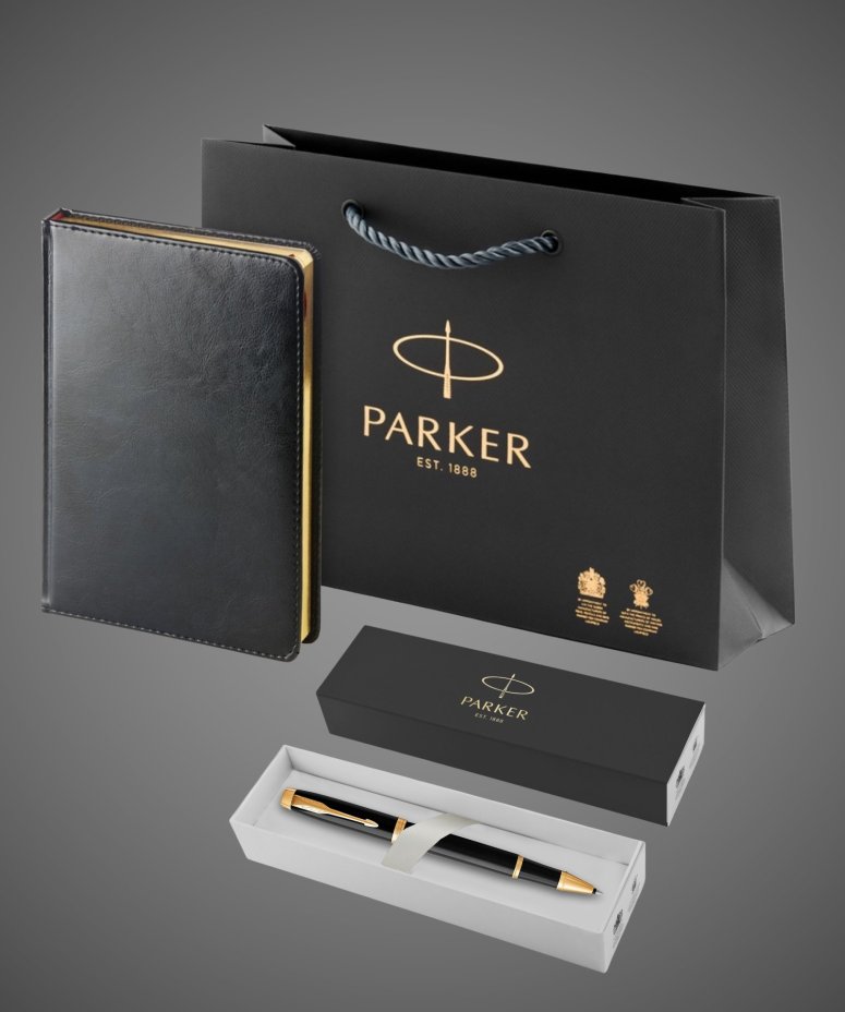 Подарочный набор: Ежедневник и Ручка-роллер Parker IM, цвет: Black GT, Лаки и смолы: лак, латунь