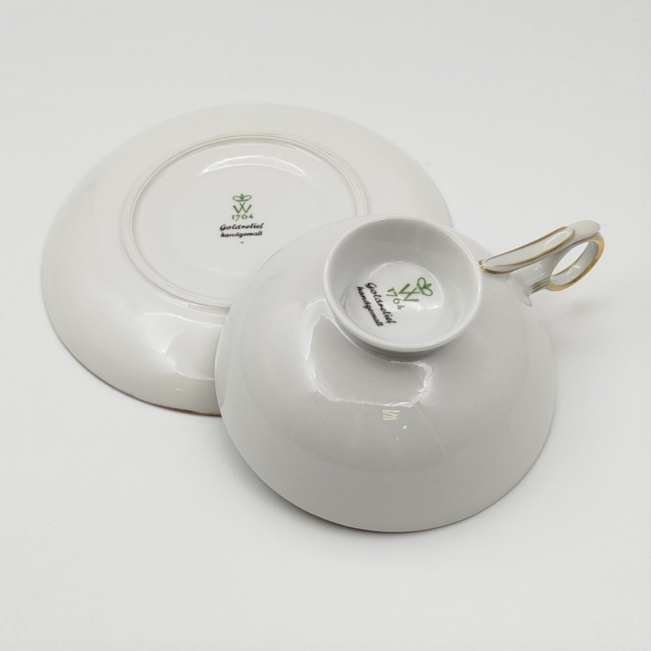 Чайная пара бирюзового цвета с золотистым декором (чашка и десертная тарелка), фарфор, крытье, золочение, Wallendorf, ГДР, 1963-1990 гг.