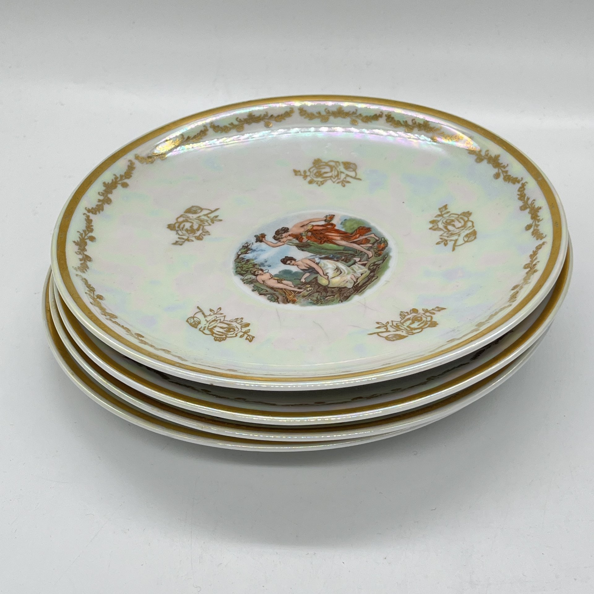 Набор десертных тарелок на 4 персоны из сервиза "Мадонна", фарфор, деколь, золочение, Triptis Porzellan, ГДР, 1957-1968 гг.