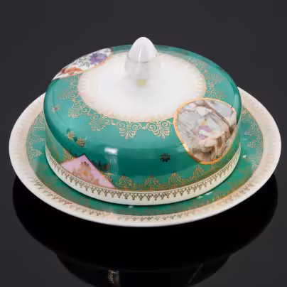 Масленка с крышкой украшенная сценой из крестьянской жизни, Дулевский фарфоровый завод (Дулёво)