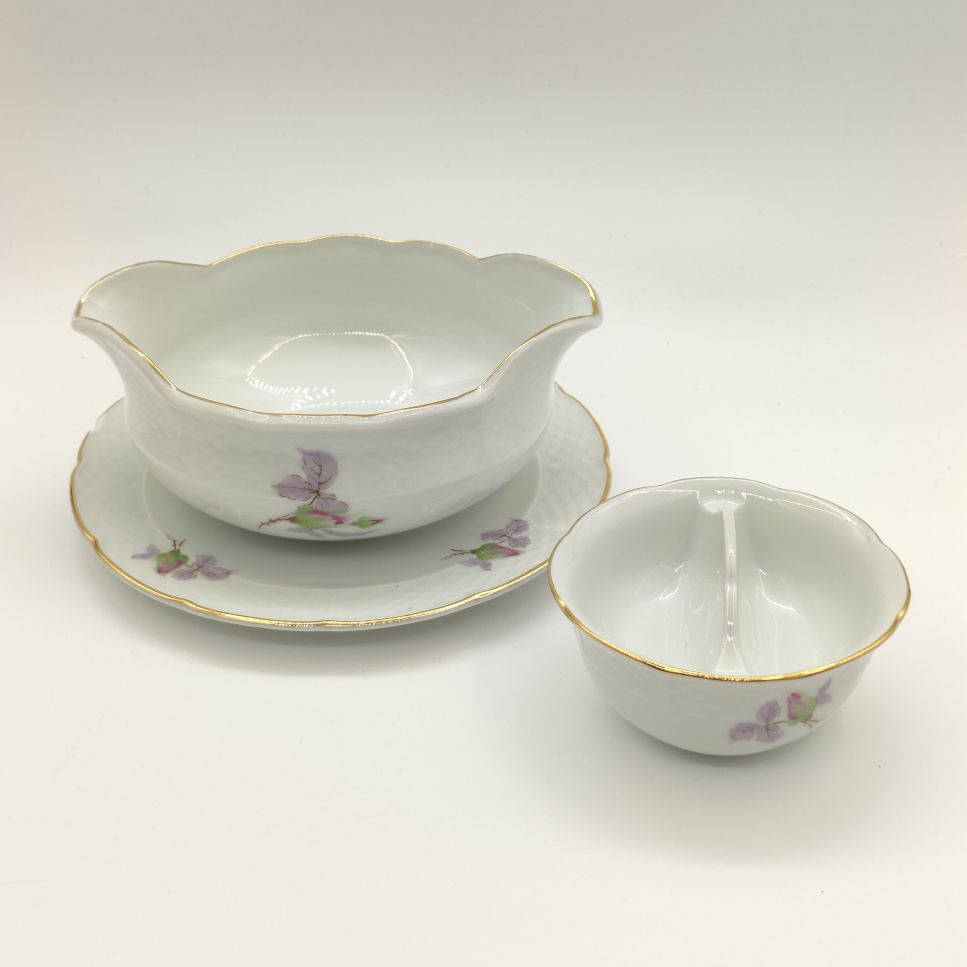 Набор из соусника на подставке и миниатюрной менажницы, фарфор, деколь, золочение, Thun (Тун), Чехословакия, 1970-1992 гг.