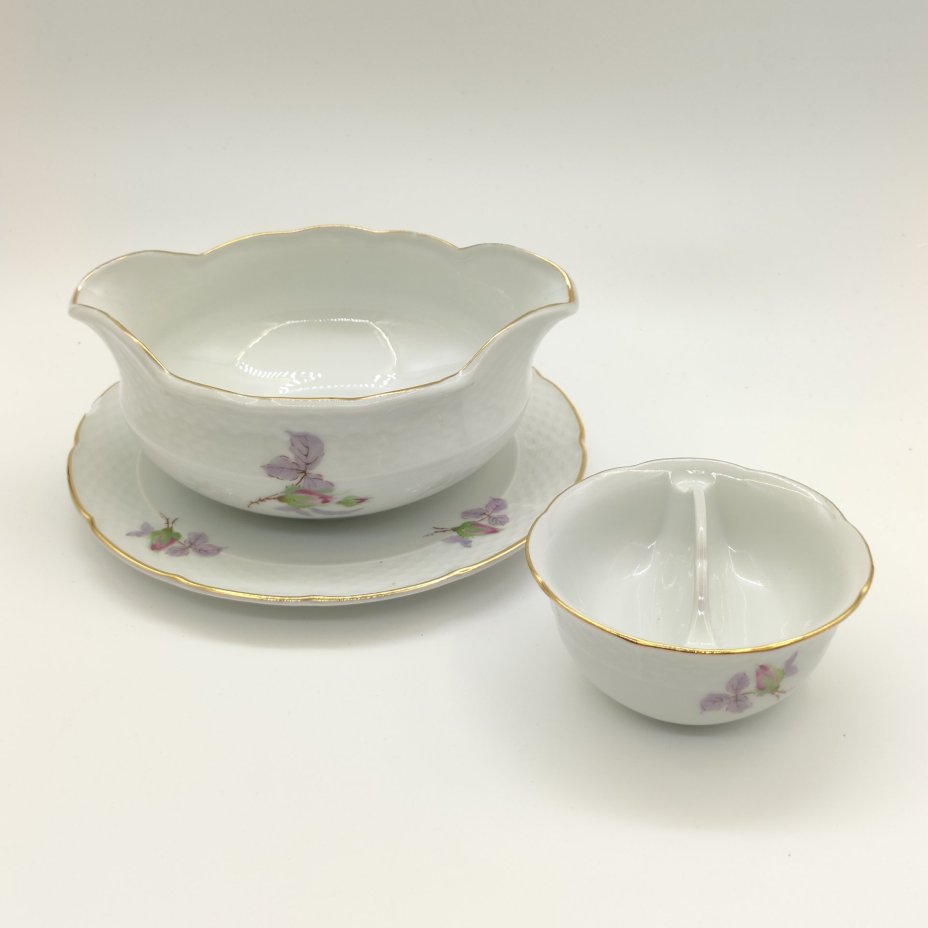 Набор из соусника на подставке и миниатюрной менажницы, фарфор, деколь, золочение, Thun (Тун), Чехословакия, 1970-1992 гг.