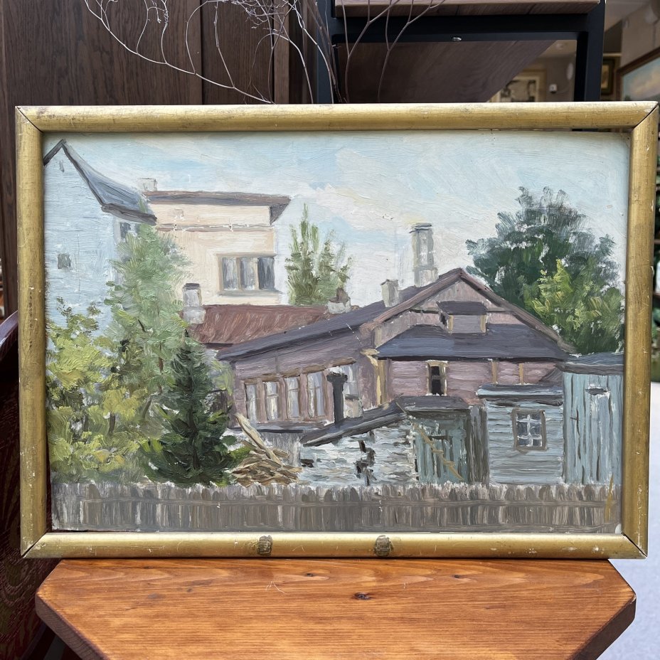 Картина "Дворик дома М. И. Калинина. Таллин" в раме, автор Гребенщиков Е. Ц., картон, масло, дерево, СССР, 1962 г.