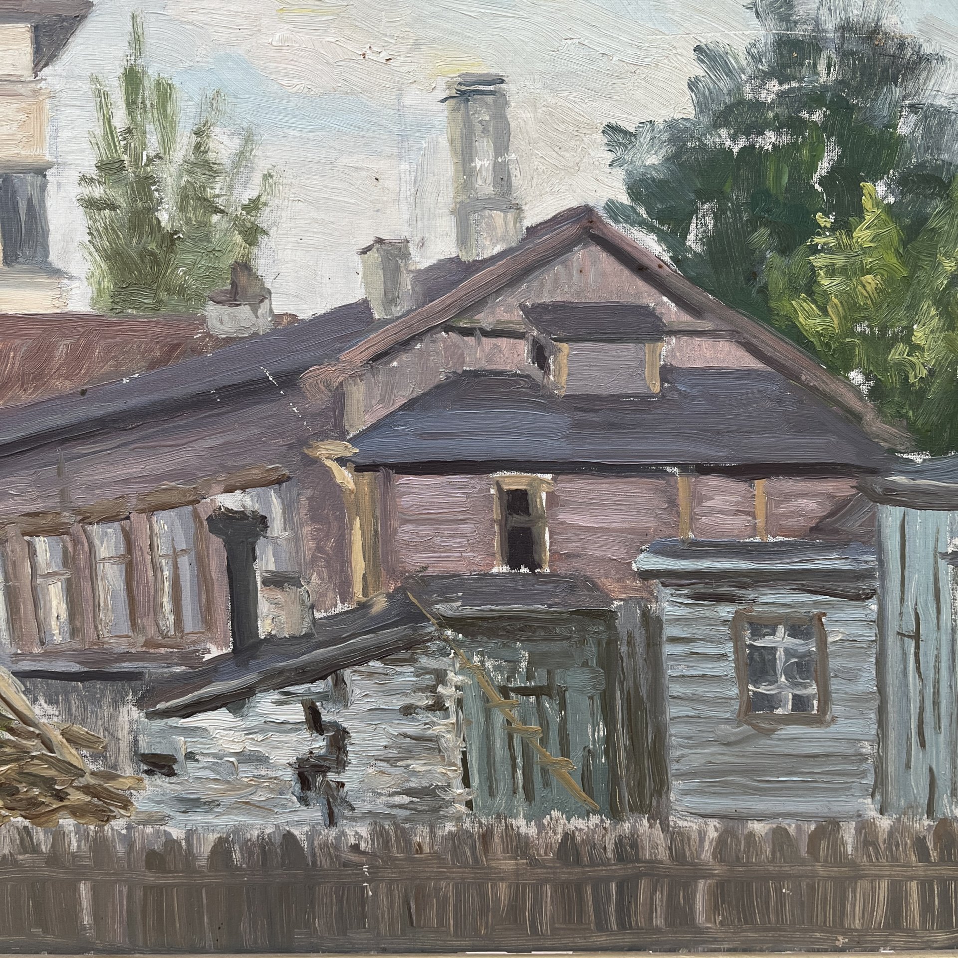 Картина "Дворик дома М. И. Калинина. Таллин" в раме, автор Гребенщиков Е. Ц., картон, масло, дерево, СССР, 1962 г.