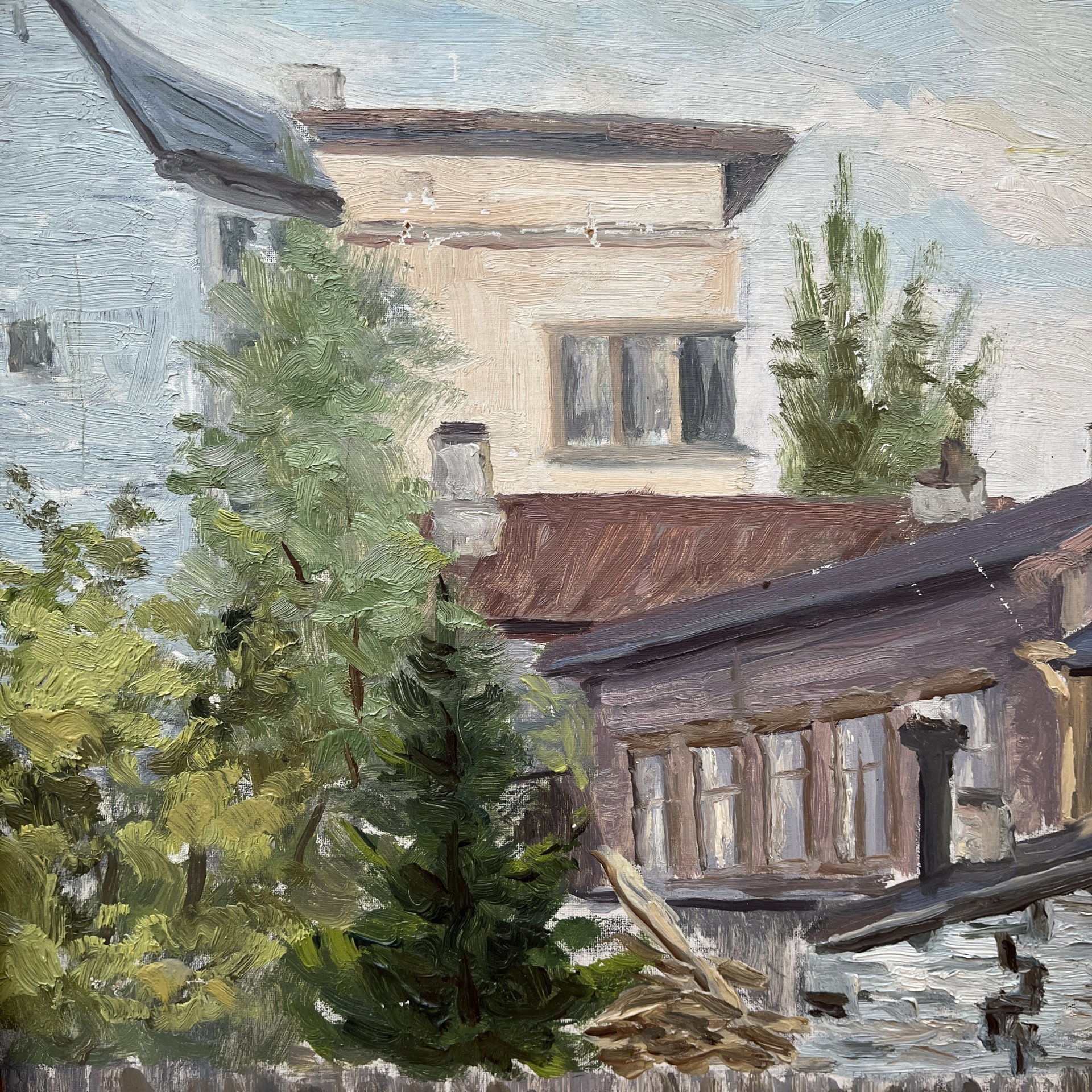 Картина "Дворик дома М. И. Калинина. Таллин" в раме, автор Гребенщиков Е. Ц., картон, масло, дерево, СССР, 1962 г.