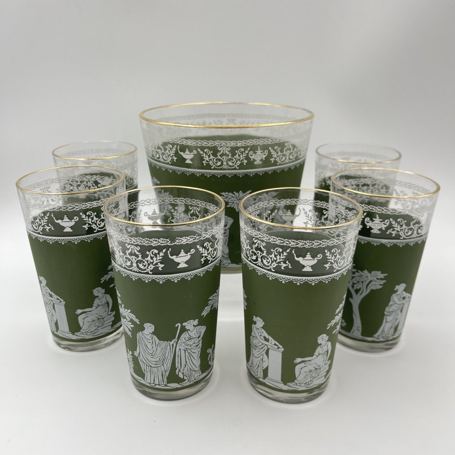 Набор для прохладительных напитков на 6 персон, украшенный античными сценами (ведерко для льда, 6 стаканов), Libbey Glass