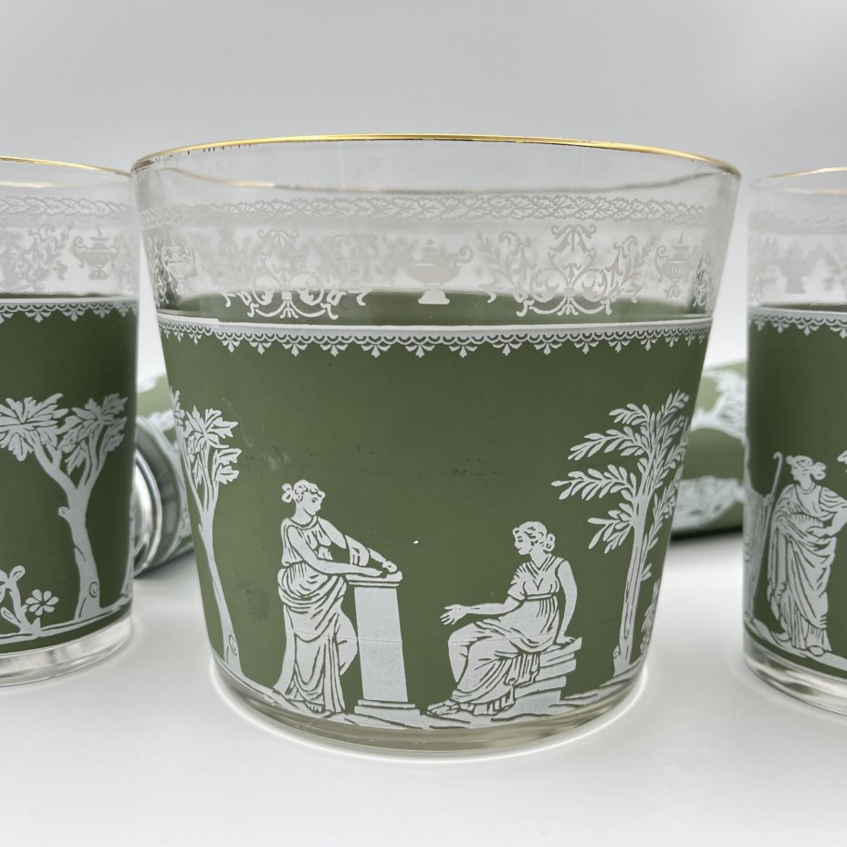 Набор для прохладительных напитков на 6 персон, украшенный античными сценами (ведерко для льда, 6 стаканов), Libbey Glass