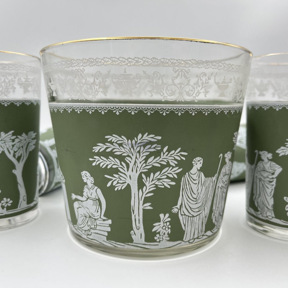 Набор для прохладительных напитков на 6 персон, украшенный античными сценами (ведерко для льда, 6 стаканов), Libbey Glass
