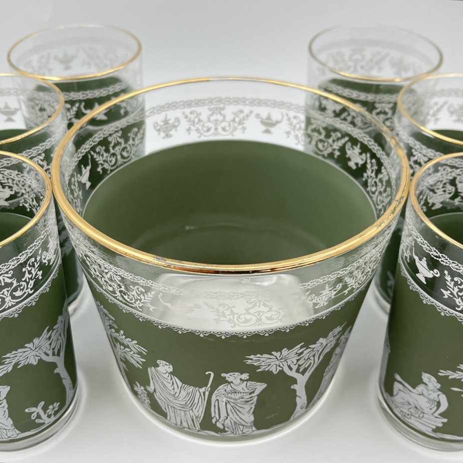 Набор для прохладительных напитков на 6 персон, украшенный античными сценами (ведерко для льда, 6 стаканов), Libbey Glass