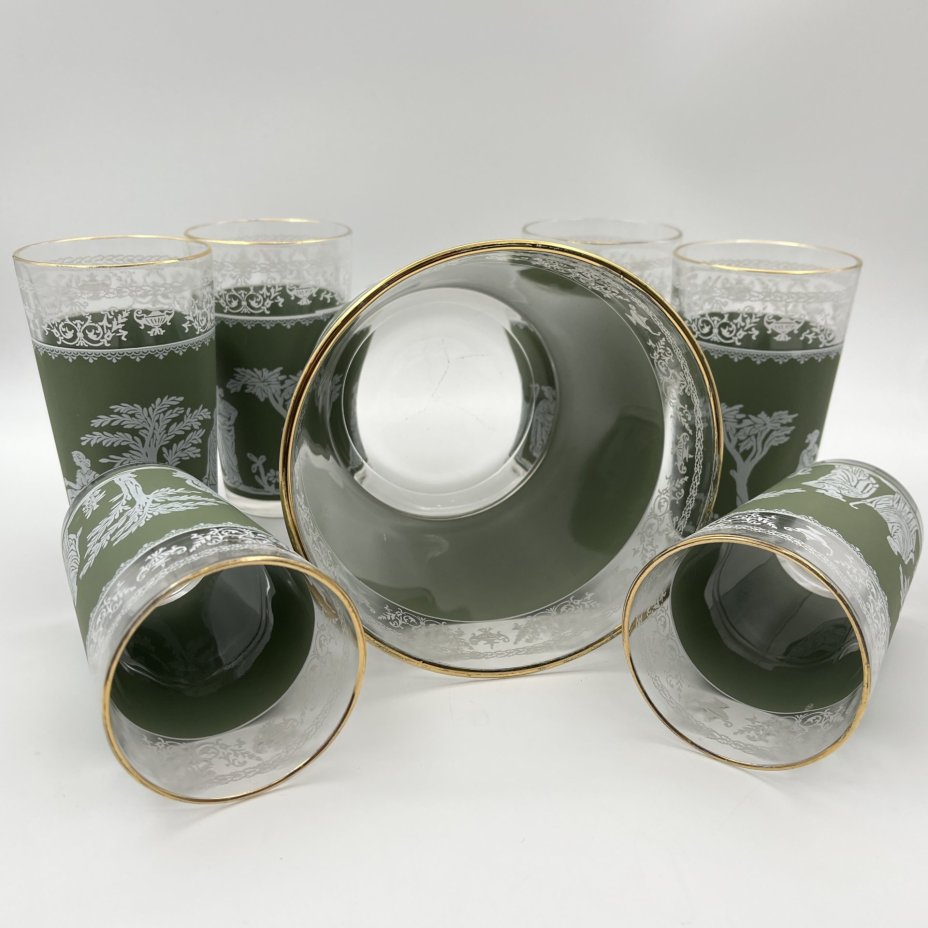 Набор для прохладительных напитков на 6 персон, украшенный античными сценами (ведерко для льда, 6 стаканов), Libbey Glass