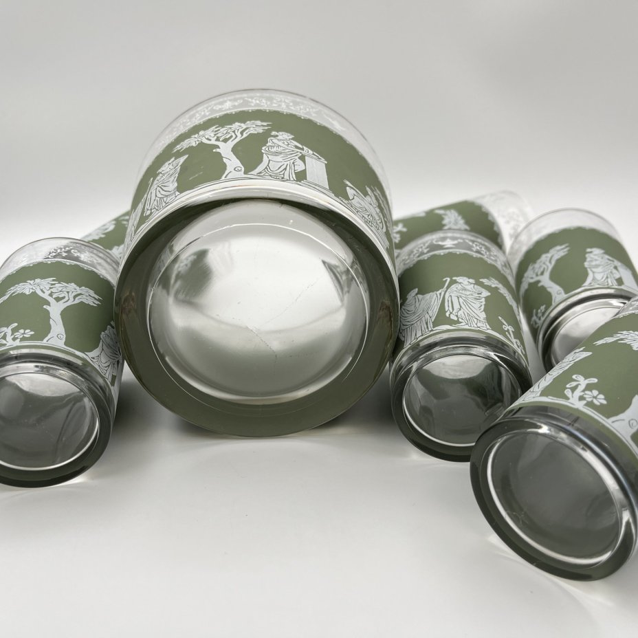 Набор для прохладительных напитков на 6 персон, украшенный античными сценами (ведерко для льда, 6 стаканов), Libbey Glass