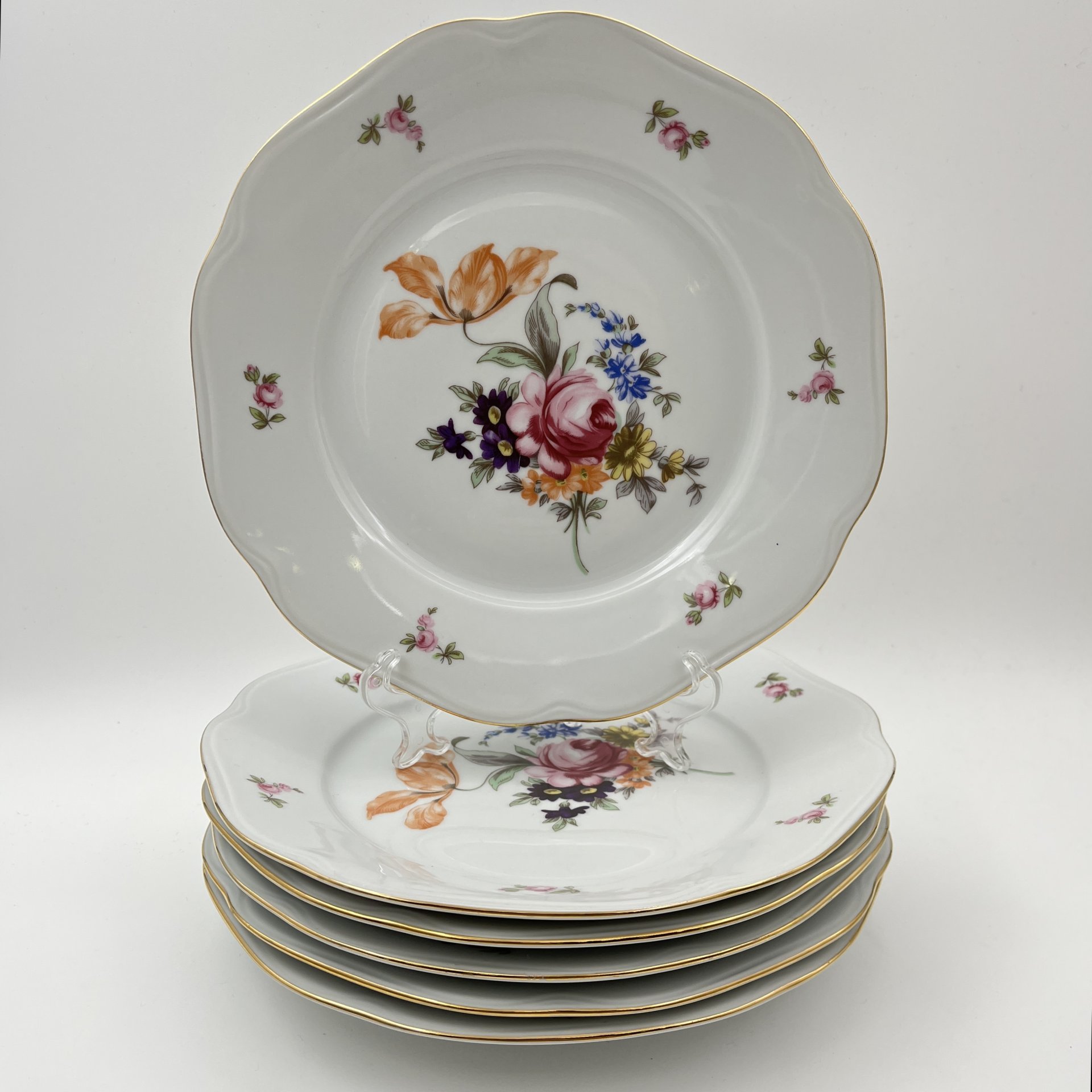 Набор обеденных тарелок "Мейсенский букет" на 6 персон, фарфор, деколь, золочение, Bohemia (Neurohlau), Чехословакия, 1970-1990 гг.