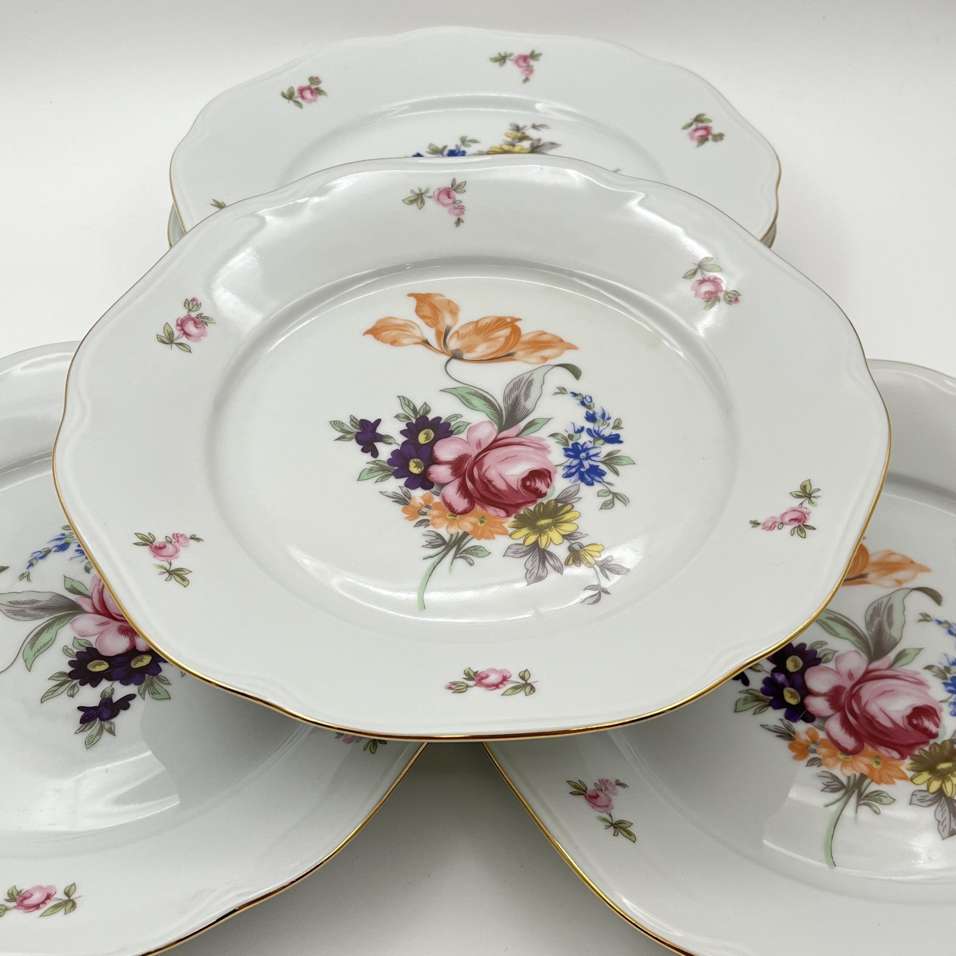 Набор обеденных тарелок "Мейсенский букет" на 6 персон, фарфор, деколь, золочение, Bohemia (Neurohlau), Чехословакия, 1970-1990 гг.