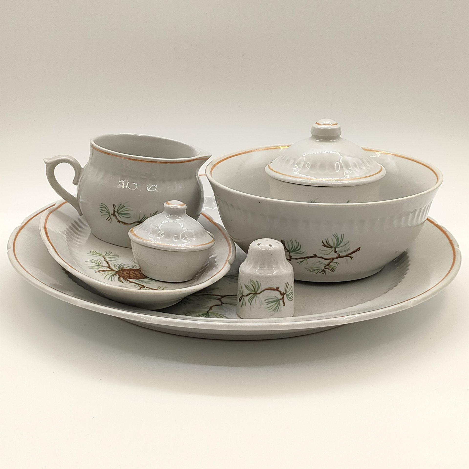 Набор для сервировки стола "Шишки" из 7-ми предметов (сервировочное блюдо, селедочница, молочник, салатник, горчичница, перечница и солонка), фарфор, деколь, обводка, Фарфоровый завод «Пролетарий» (Бронница, Мста), СССР, 1976-1991 гг.