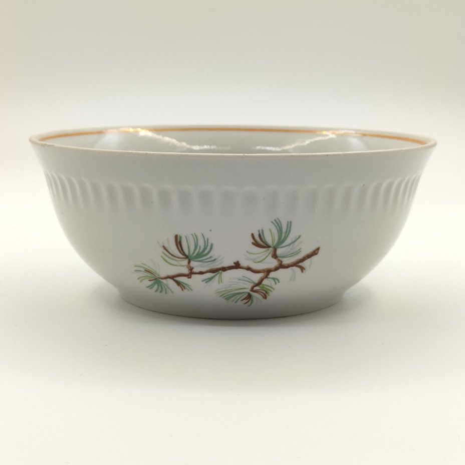 Набор для сервировки стола "Шишки" из 7-ми предметов (сервировочное блюдо, селедочница, молочник, салатник, горчичница, перечница и солонка), фарфор, деколь, обводка, Фарфоровый завод «Пролетарий» (Бронница, Мста), СССР, 1976-1991 гг.