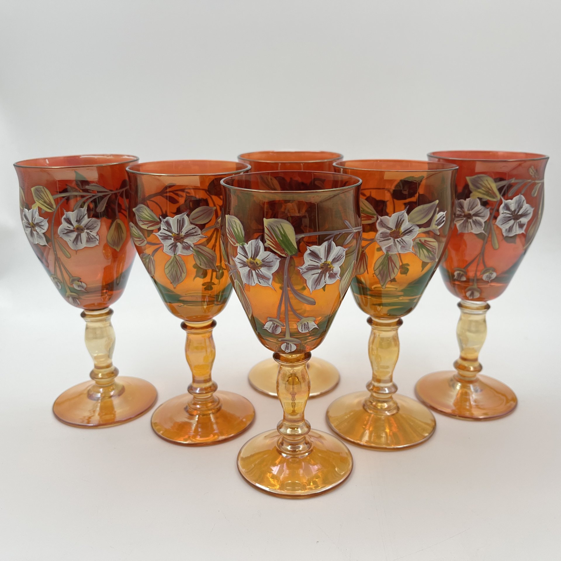 Набор из 6-ти бокалов, украшенных цветочным декором, стекло, люстр, роспись, Чехословакия, 1970-1990 гг.