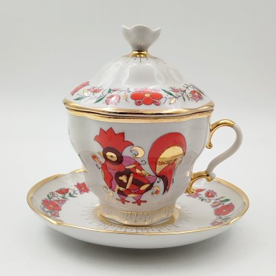 Пара чайная с крышкой "Сувенир" ("Красные петушки"), автор рисунка Воробьевский А.В., автор формы Яковлева С.Е.