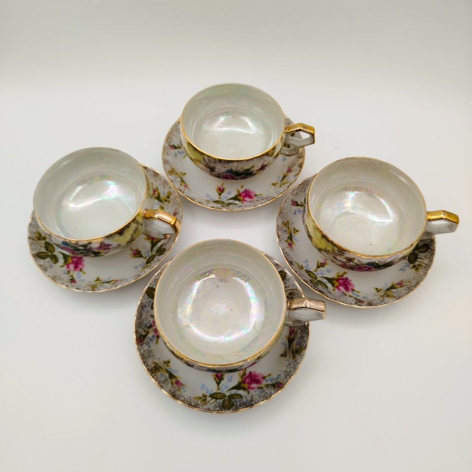 Набор чайных пар с цветочным декором на 4 персоны (в подборе), фарфор, люстр, деколь, золочение, Chodziez, Польша, 1970-1990 гг.