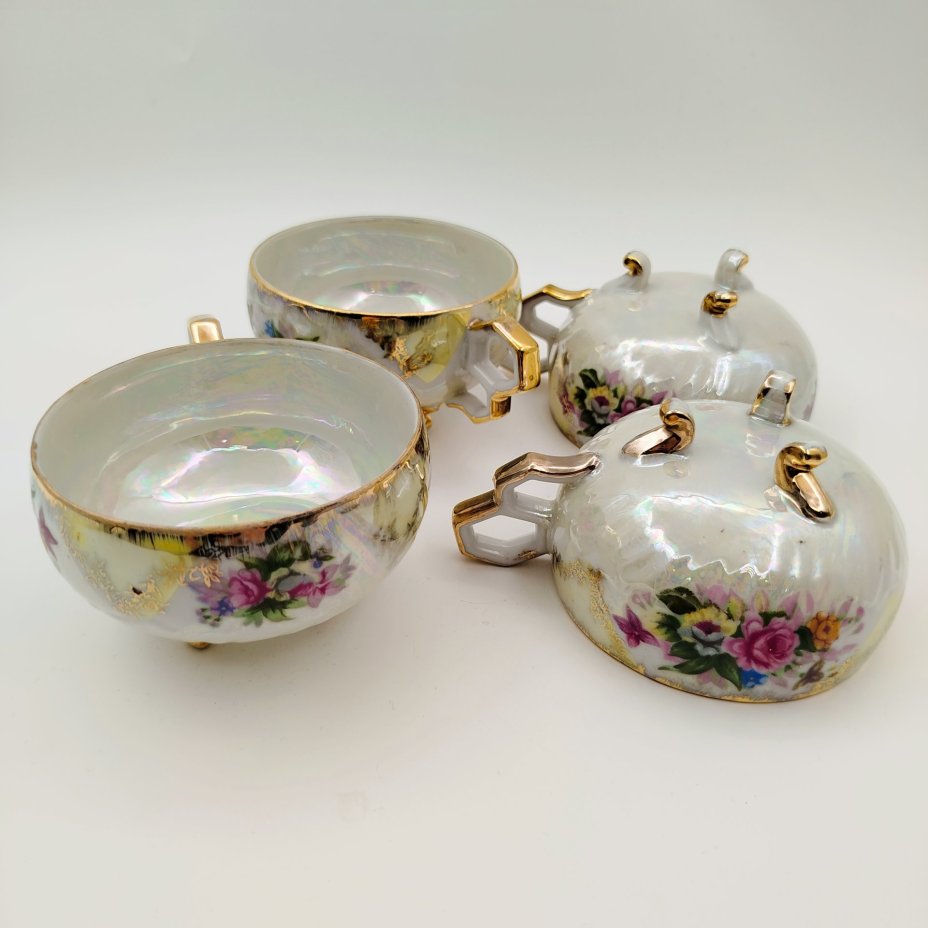 Набор чайных пар с цветочным декором на 4 персоны (в подборе), фарфор, люстр, деколь, золочение, Chodziez, Польша, 1970-1990 гг.